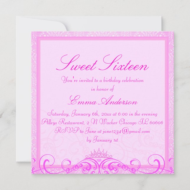 Convite Pink Tiara Sweet Sixteen (Frente)