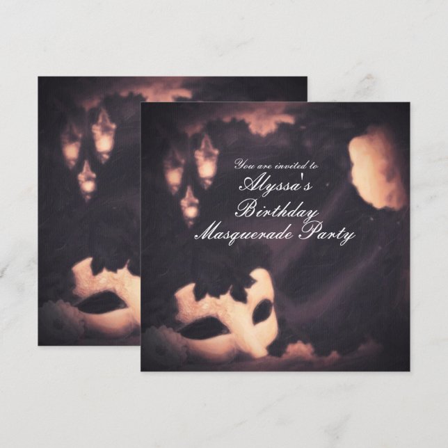 Convite Pintado Máscara Vintage Brilho Elegante (Frente/Verso)