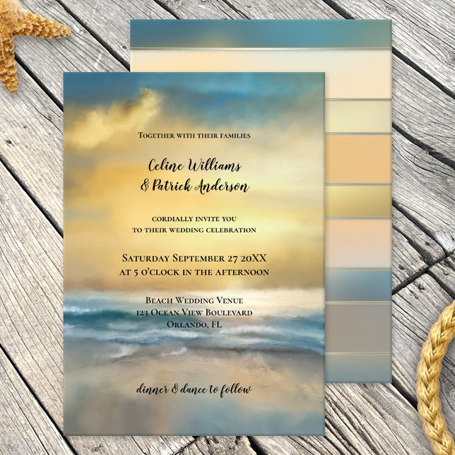 Convite Pintado Para Casamento De Praia De Belas A (Wedding invitation featuring an original fine art painting of a sunset at a stormy beach)