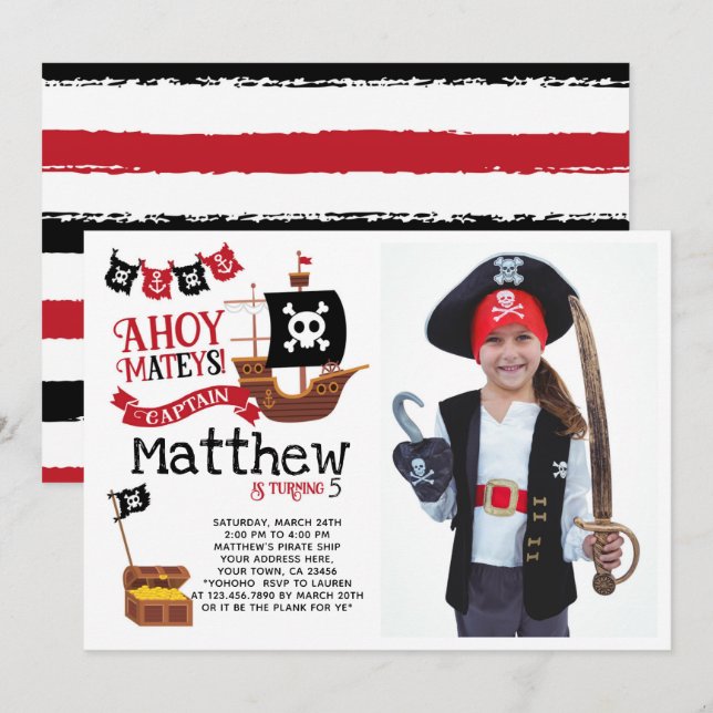 Convite pirata de aniversário com foto (Frente/Verso)