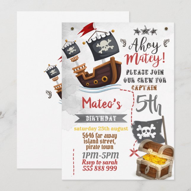 Convite pirata - Festa de aniversário pirata (Frente/Verso)