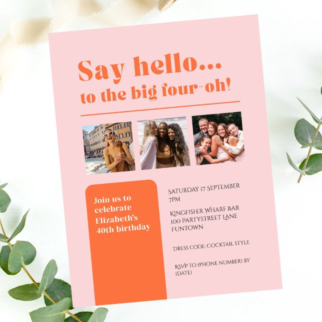 Convite plano com 3 fotos, aniversário de 40 anos  (Criador carregado)