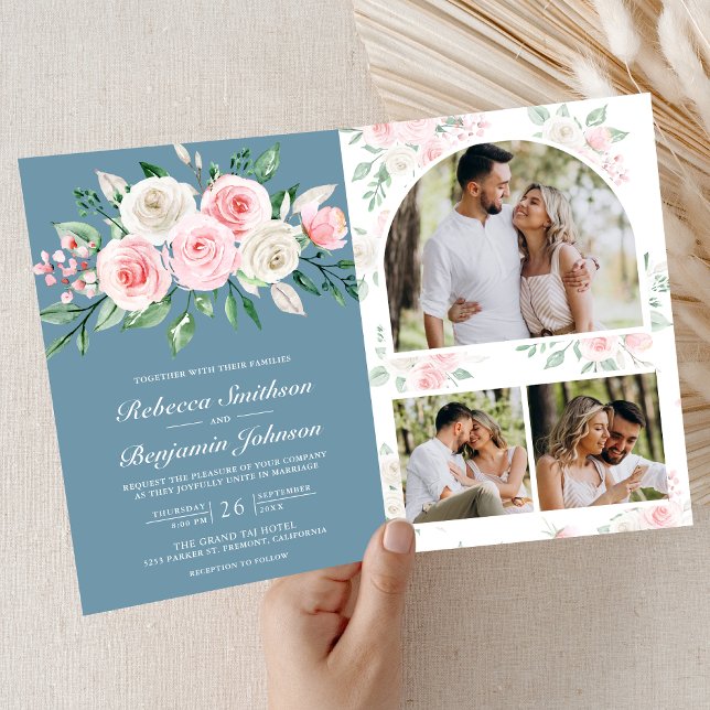 Convite Pó Floral Rosa Bege Azul Código QR Casamento (Criador carregado)
