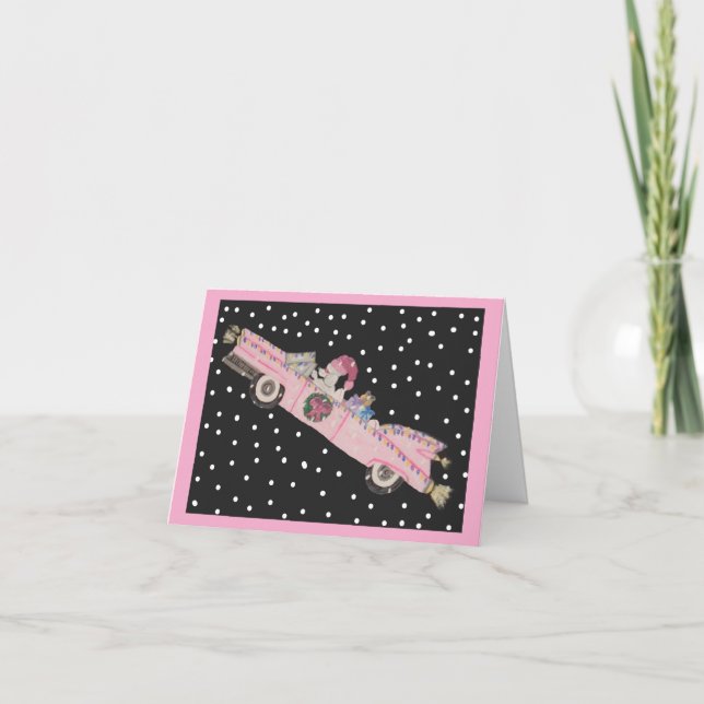 Convite Poodle no Natal em um conversível rosa (Frente)