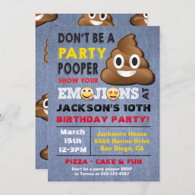 Convite Pooper Birthay do Partido Emoji (Frente/Verso)
