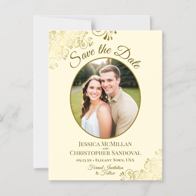 Convite Posh Gold & Cream Wedding Save the Date Oval Photo (Frente)