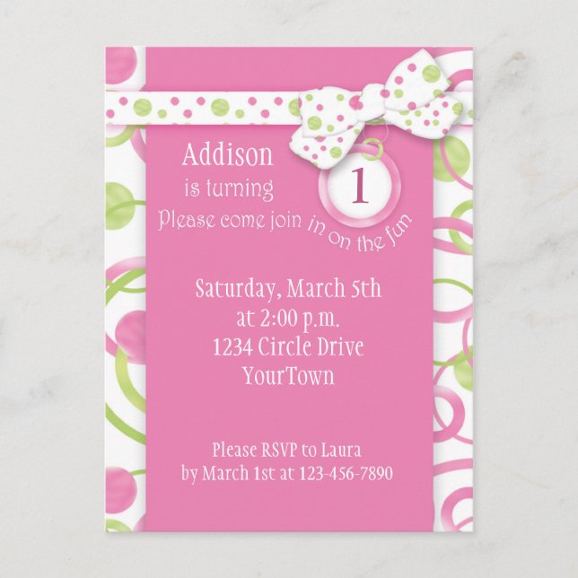 Convite postal de primeiro aniversario da garota n (Frente)