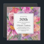 Convite Praça do aniversário de 30 anos de Flor Selvagem R<br><div class="desc">Convite magnético quadrado à aniversário de 30 anos de flor silvestre,  cor-de-água,  roxo e cor-de-rosa,  colorida,  para mulheres. Entre em contato conosco para obter ajuda com a personalização ou para solicitar produtos correspondentes.</div>