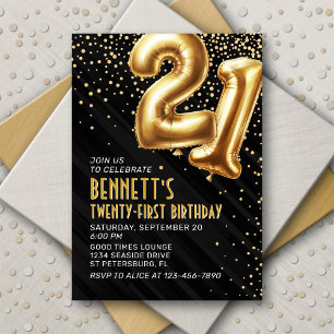 Convite preto aniversário de 21 anos Dourado