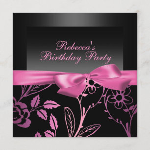 Convite preto & cor-de-rosa do partido da flor do