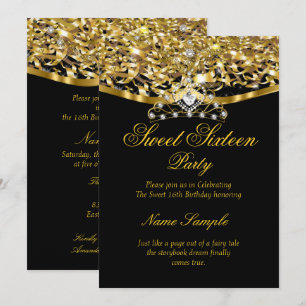 Convite Preto Dourado Brilhante Festa Sweet 16