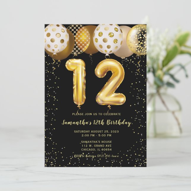 Convite Preto Dourado de 12º Aniversário (Em pé/Frente)