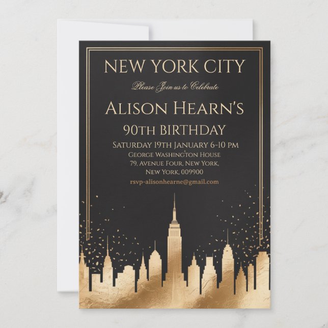 Convite Preto Dourado de 90 Anos de Nova York (Frente)