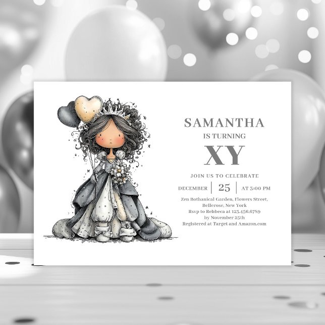 Convite Preto Dourado para Esboço de Aniversário d (Quirky Chic Girl Birthday Sketch Black Gold invitation)