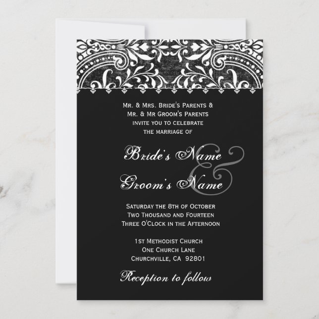 Convite preto e branco do casamento tema damasco (Frente)