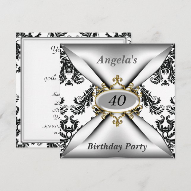 Convite preto e branco para festa de aniversário D (Frente/Verso)