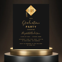 Convite preto e dourado para festa de formatura no