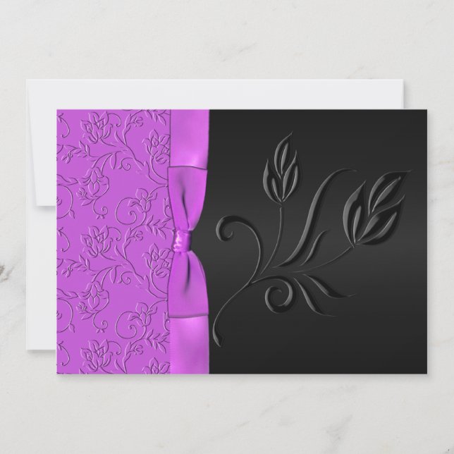 Convite preto e roxo do casamento da fita do cetim (Frente)