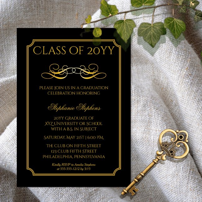 Convite Preto Elegante | Festa de formatura I da Universid (Elegant Black and Gold Tone College | University Graduation Announcement Party Magnetic Invitation)