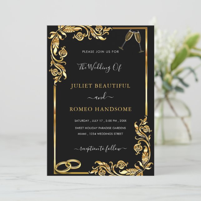 Convite Preto para Casamento de Quadro de ouro - S (Em pé/Frente)