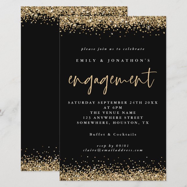 Convite Preto para Noivado de Glitter Dourado de O (Frente/Verso)
