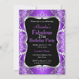 Convite Preto para Prata Roxo do aniversário de 21