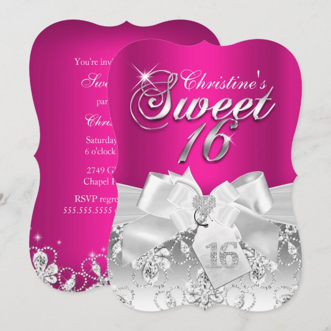 Convite Pretty Diamond Bow Hot Pink Sweet 16 (Frente/Verso)