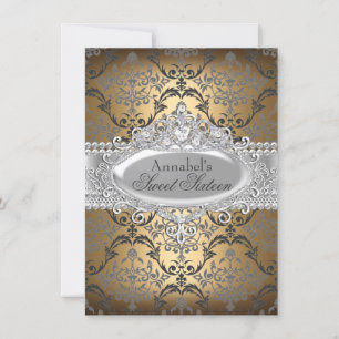 Convite Pretty Gold & Silver Damask Sweet 16