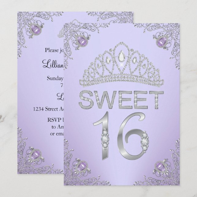 Convite Pretty Purple Diamond Tiara Sweet 16 (Frente/Verso)
