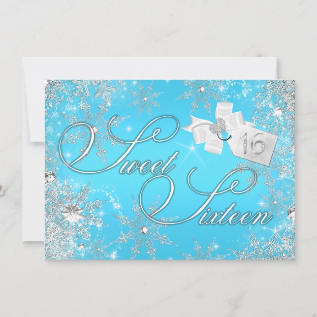 Convite Pretty Silver Blue Snowflake Sweet 16 (Frente)