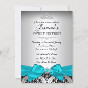 Convite Pretty Silver & Teal Damask Sweet 16
