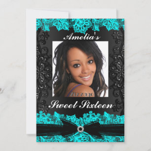 Convite Pretty Teal & Black Lace Photo Sweet 16