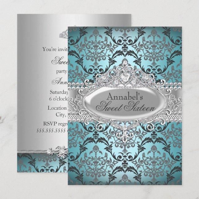 Convite Pretty Teal & Silver Damask Sweet 16 (Frente/Verso)