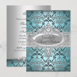 Convite Pretty Teal & Silver Damask Sweet 16