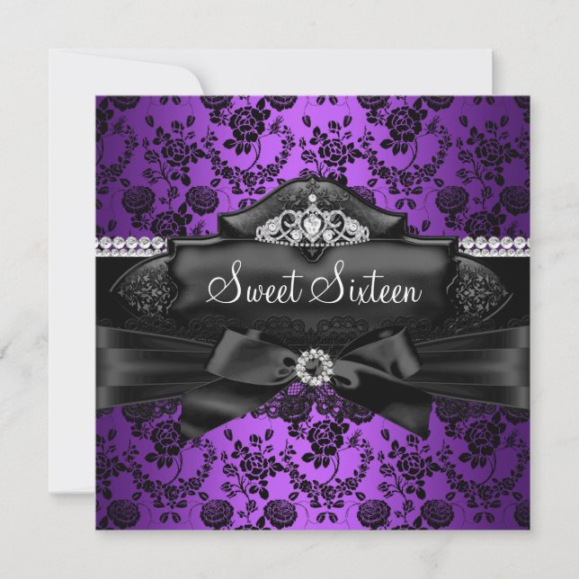 Convite Pretty Tiara & Bow Roxo Sweet 16 (Frente)