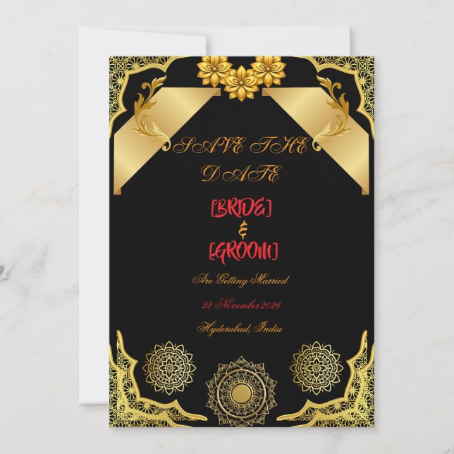 Convite Prévio de Casamento Preto Ornamentado Eleg (Frente)