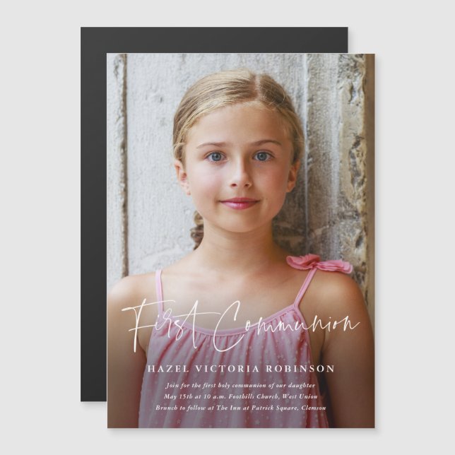 Convite Primeira Comunhão Religiosa de Script Moderno (Frente/Verso)