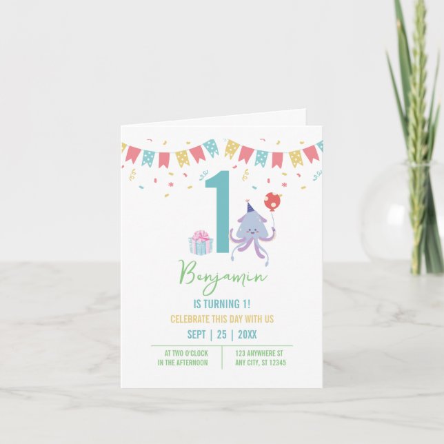 Convite Primeiro aniversario de Banners de Balão de Octopu (Frente)