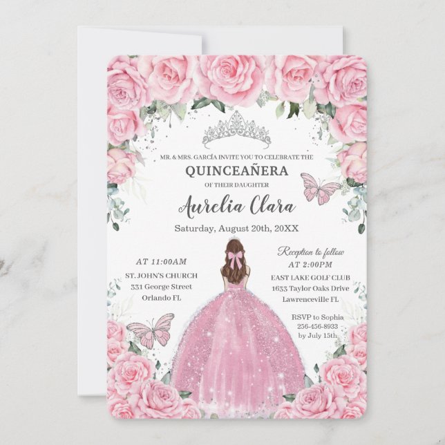 Convite Princesa de Quinze Anos com Flores Rosa e  (Frente)