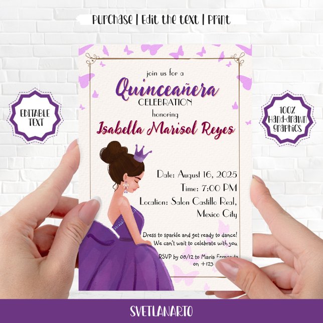 Convite Princesa Elegante Lilás para Quinceañera (Criador carregado)