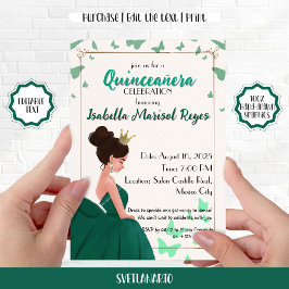 Convite Princesa Elegante Verde para Quinceañera