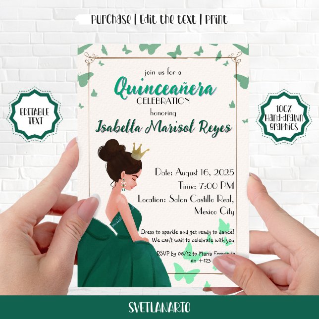 Convite Princesa Elegante Verde para Quinceañera (Criador carregado)