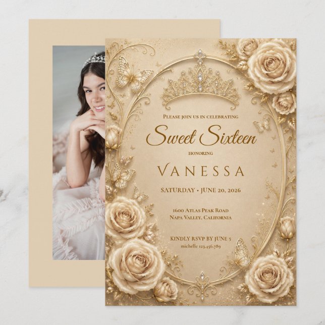 Convite princesa foto borboletas sweet 16 (Frente/Verso)