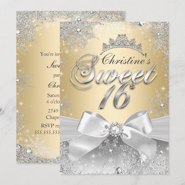 Convite Princesa Inverno Encantado Dourado Sweet 1 (Frente/Verso)