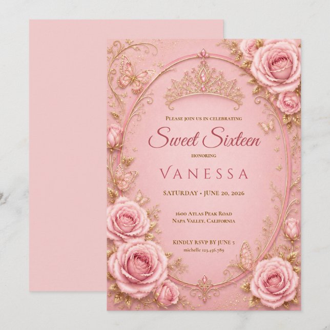 Convite Princesa Rosa Doce 16 (Frente/Verso)