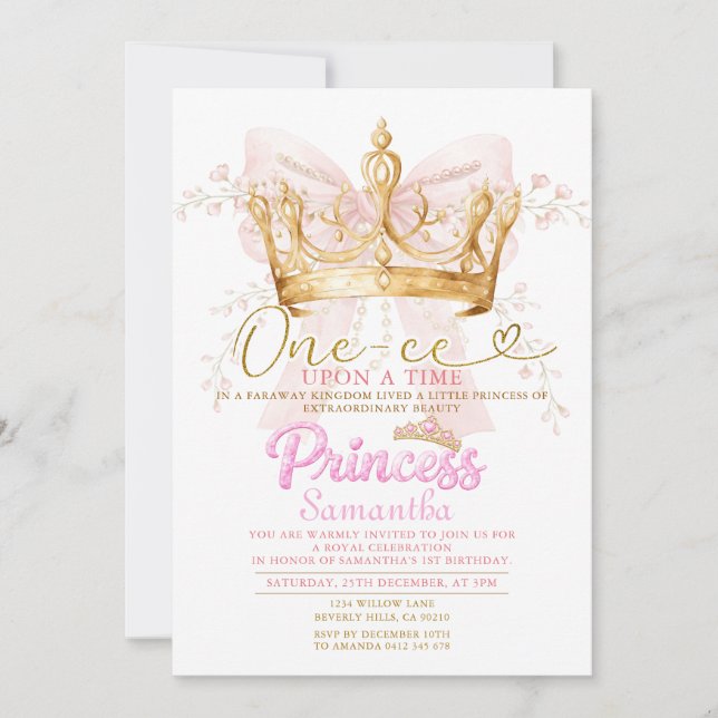 Convite Princess One-ce Upon a Time Coroa Rosa (Frente)