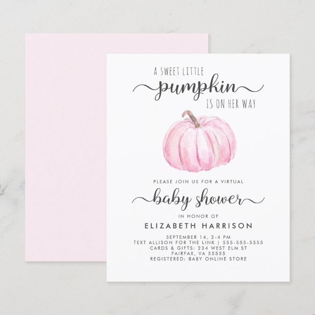 Convite Pumpkin Rosa Chá Rapariga Virtual (Frente/Verso)