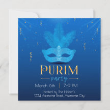 Convite Purim Máscara Azul Elegante