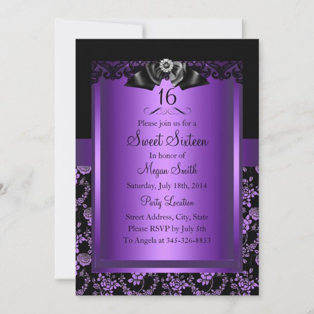 Convite Purple Chic Rose & Jewel Bow Sweet Sixteen (Frente)
