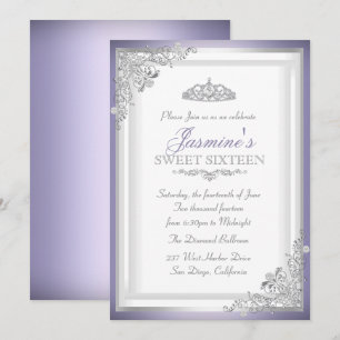 Convite Purple Silver Damask & Tiara Sweet 16